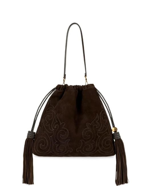 Etro Black Medium Suede Kalispera Bag With Patch And Tassels
