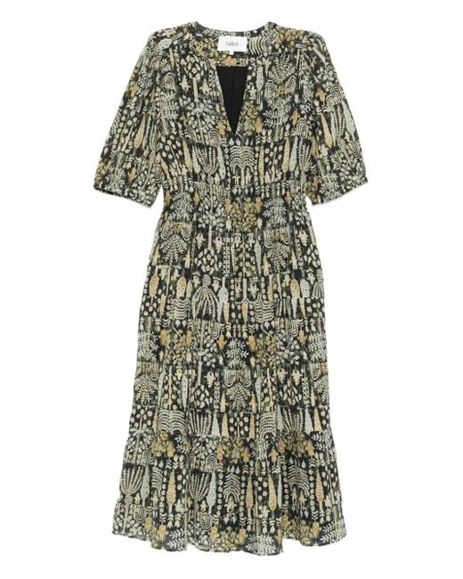 Ba&sh Green Panissa Floral-Print Puff-Sleeve Midi Dress