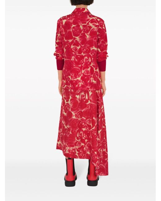 Burberry Red Rose-print Asymmetric Silk Skirt