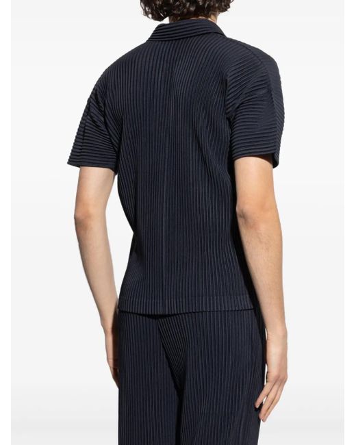 Homme Plissé Issey Miyake Blue Textured Pleated Polo Shirt With Classic Collar for men