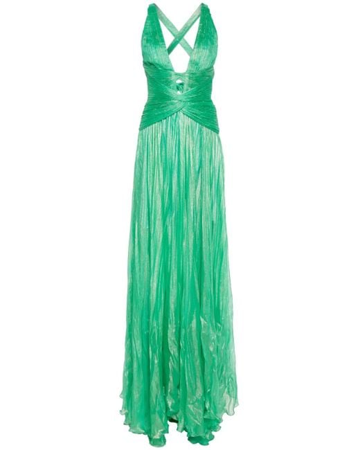 IRIS SERBAN Green Lamé Plissé-Effect Gown
