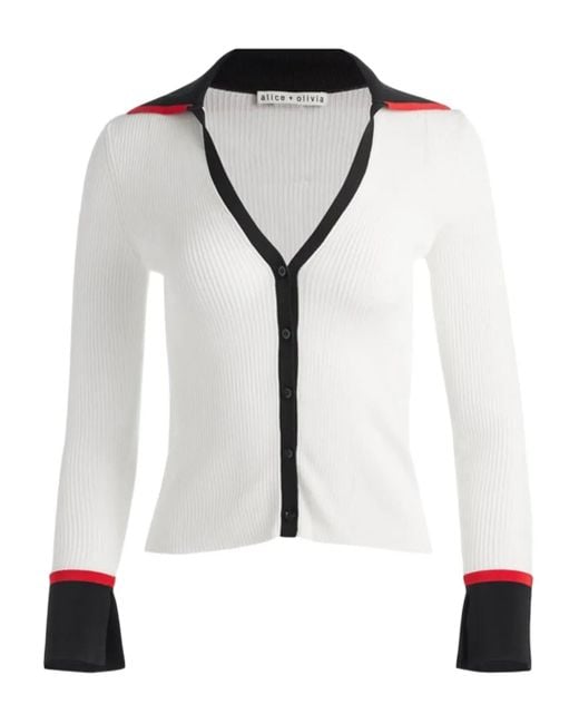 Alice + Olivia White Ribbed-Knit Collar Cardigan