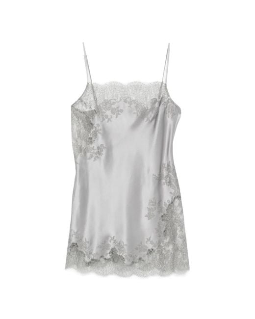 Carine Gilson Gray Lace-Trim Silk Slip Blouse