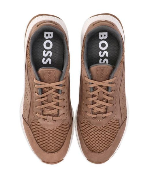 Boss Brown Panelled Leather Sneakers for men