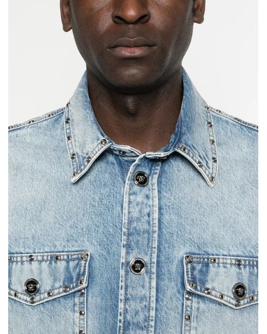 Versace Blue Studded-Pocket Shirt for men