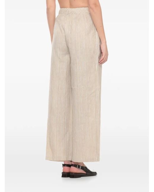 120% Lino White Vertical-Stripe Linen Trousers