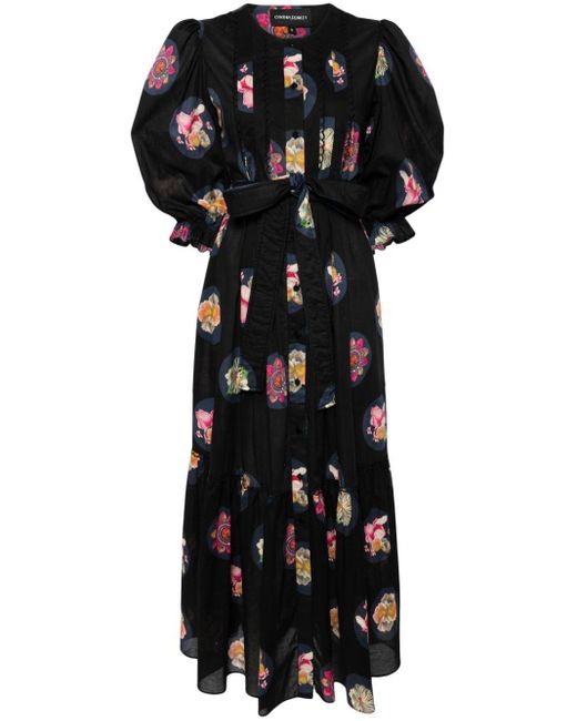 Robe mi-longue fleurie à manches bouffantes Cynthia Rowley en coloris Black