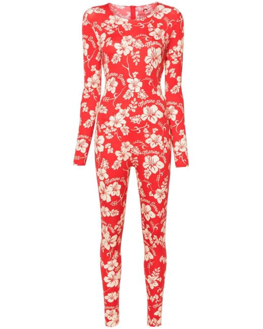 MARINE SERRE Red Regenerated Floral-print Catsuit
