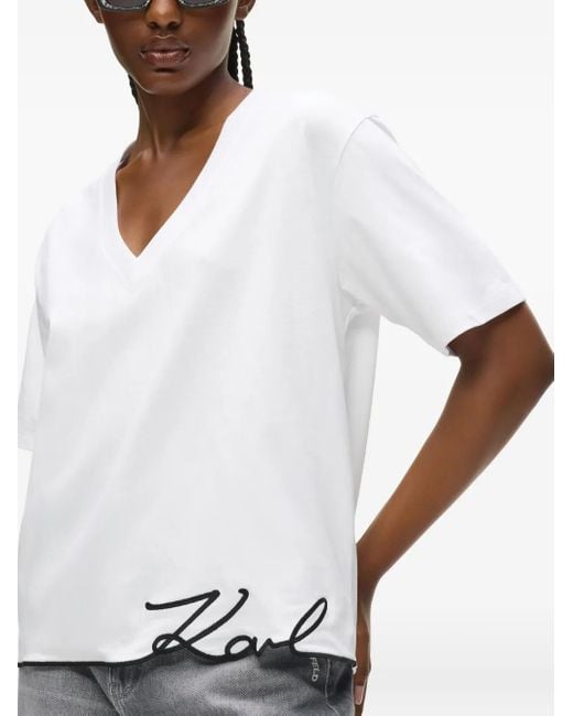 Karl Lagerfeld White Signature Hem V-Neck T-Shirt