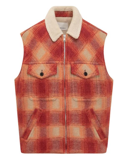 Isabel Marant Orange Plaid Checked Zip-Up Gilet for men