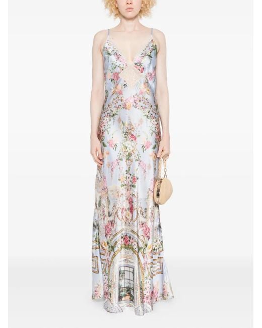 Camilla White Lace-Trim Floral-Print Dress