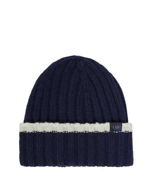 Fay Blue Ribbed-Knit Beanie Hat for men