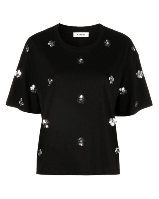 Sandro Black Floral-embellished Cotton T-shirt
