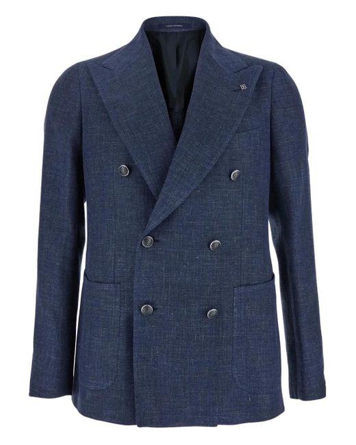Tagliatore Blue Double-Breasted Blazer With Logo Pin On The Front for men