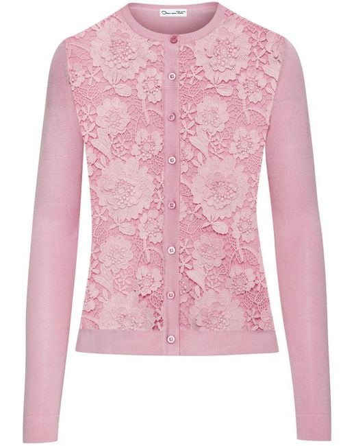 Oscar de la Renta Pink Lace-panels Silk-blend Cardigan