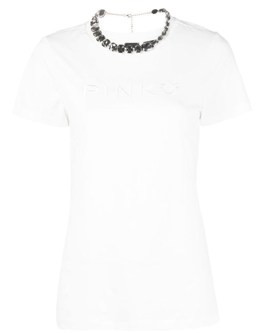 Pinko Logo-embroidered Cotton T-shirt in het White
