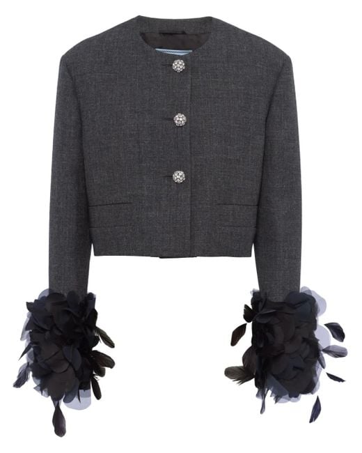 Prada Black Feather-Trimmed Wool Cropped Jacket