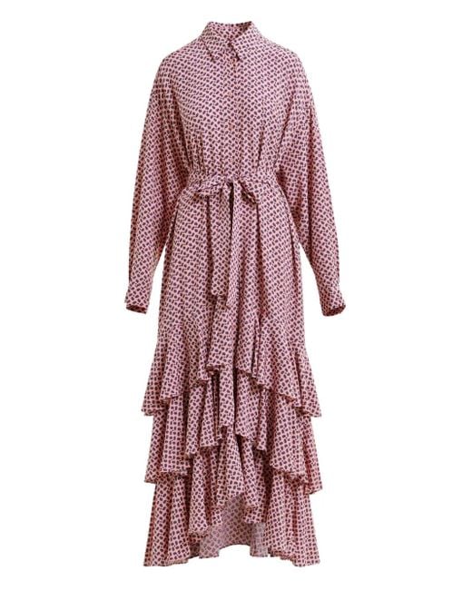 Essentiel Antwerp Purple Geometric-Pattern Ruffle-Hem Maxi Dress