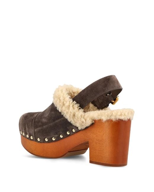 Chloé Brown 80Mm Shearling-Trimmed Studded Clogs