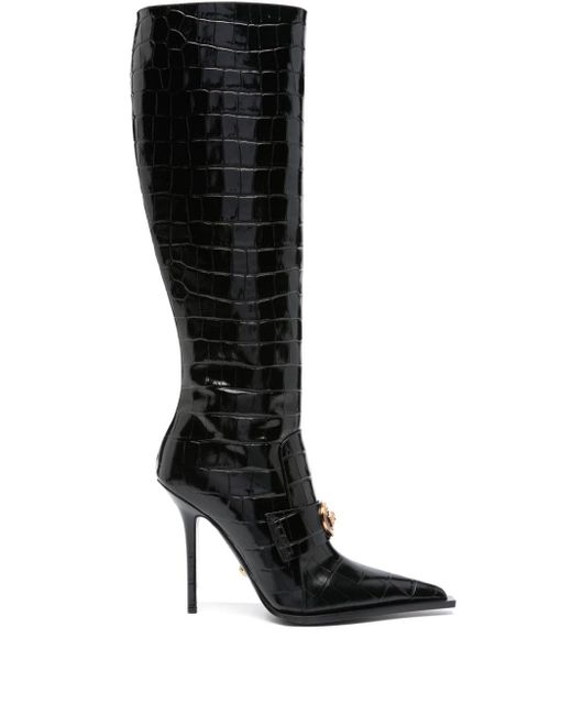 Botas altas de charol grabado Versace de color Black
