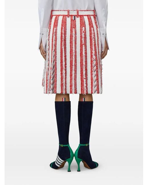 Thom Browne Red Ribbon Tweed Low Rise Pleated Skirt