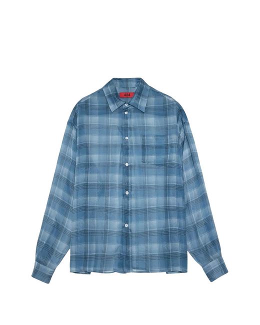 424 Blue Check-Print Chest-Pocket Shirt for men