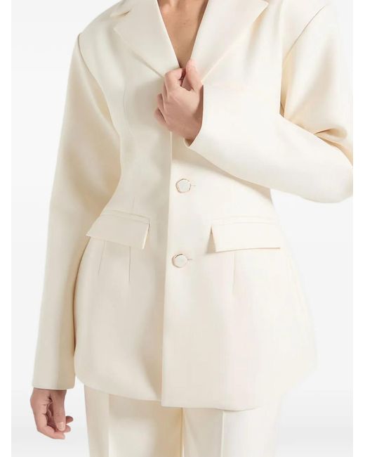 Manière De Voir White Claire Wide Shoulder Cinch Waist Blazer