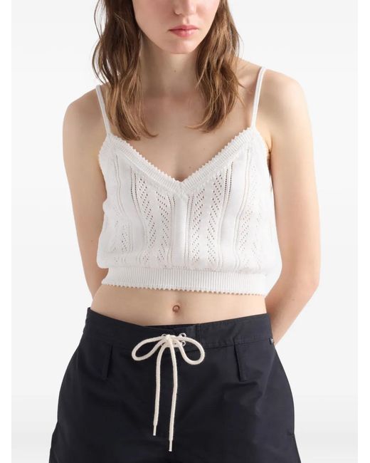 Prada White Openwork Cotton Crop Top