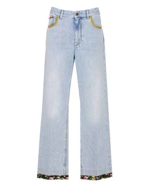 Valentino Garavani Blue Floral-Hem Embroidered Jeans