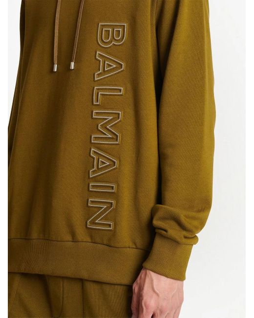 Balmain Green Logo-Embossed Organic-Cotton Hoodie for men