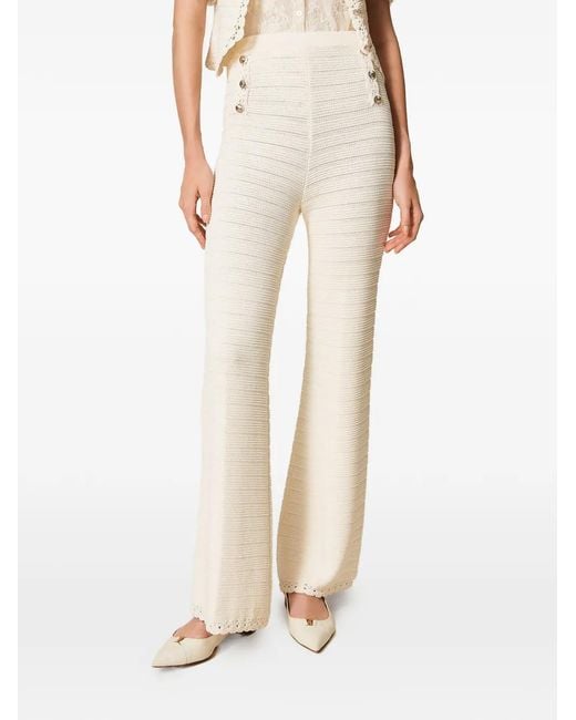 Twinset White Knit Trousers With Crochet Detail