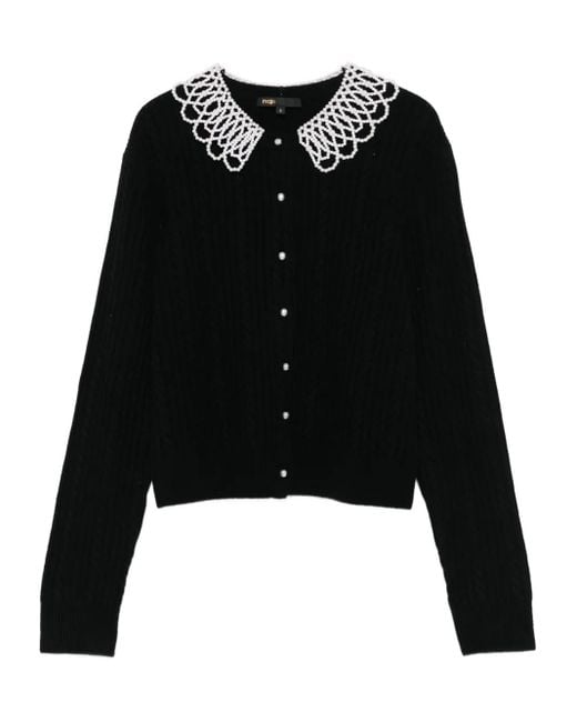 Maje Black Faux-Pearl-Embellished Cable-Knit Cardigan