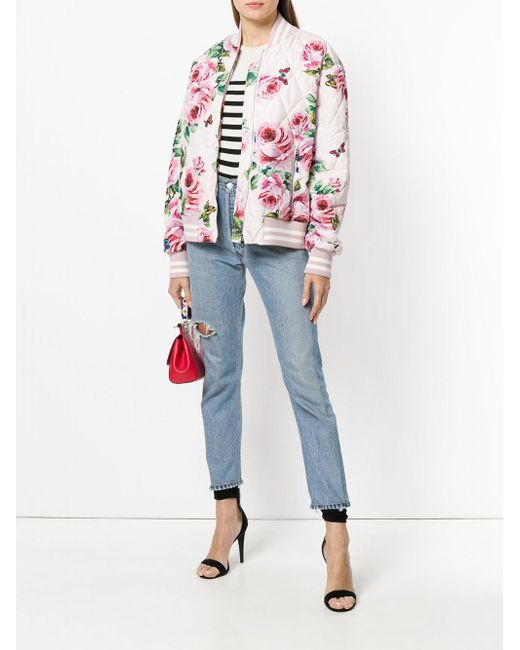Dolce & Gabbana Rose Print Bomber Jacket in Pink | Lyst