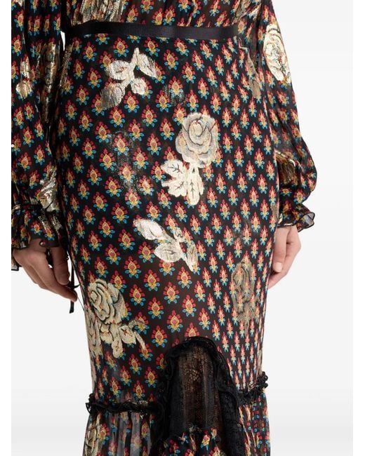 Etro Black Silk And Lace Maxi Skirt With Fil Coupé Roses And Tie-Inspired Motif