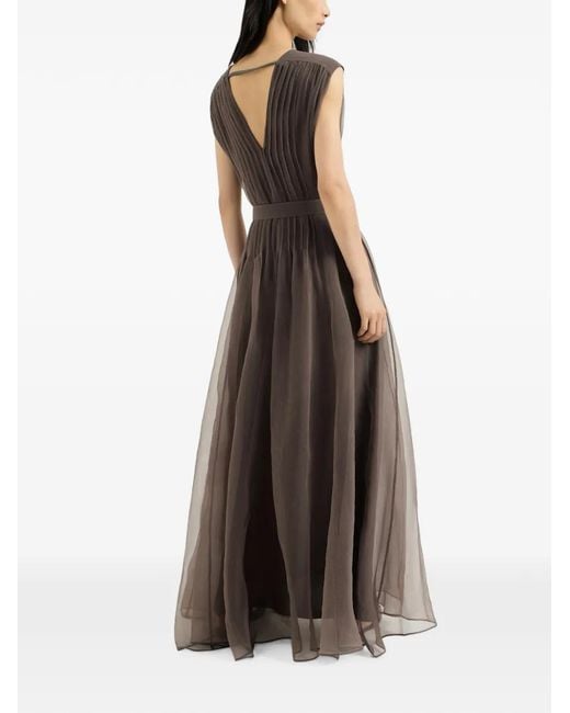 Brunello Cucinelli Brown Crispy Silk Belted Dress With Pleated Detail And Precious Strap