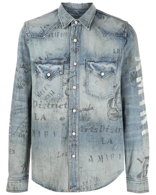 Amiri Blue Distressed Logo Print Denim Shirt for men