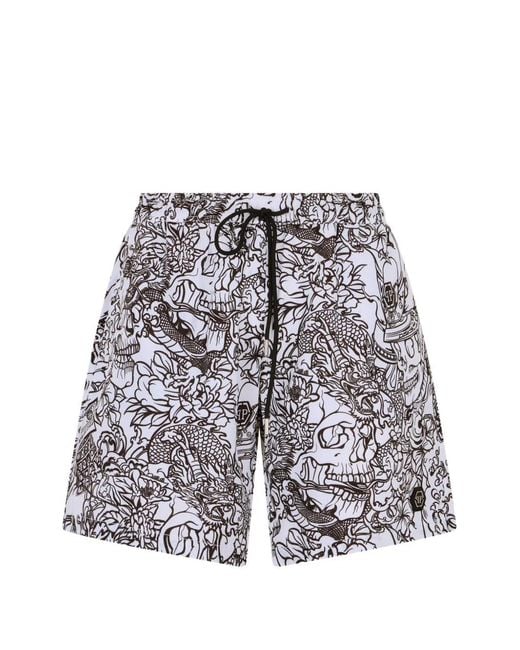 Philipp Plein White Swimming Shorts Skull All-Over for men