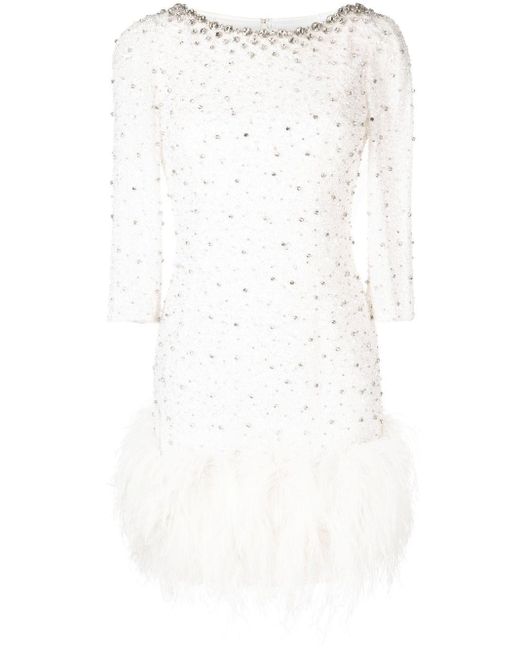Jenny Packham White Embellished Feather-trim Mini Dress