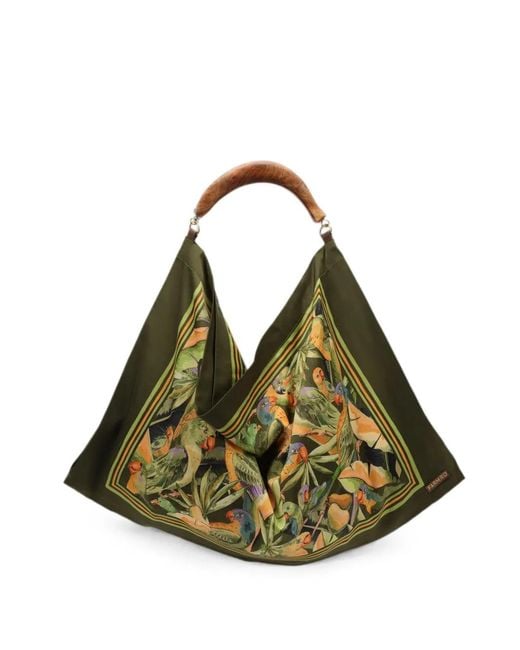 Farm Rio Green Nature Parrot-Print Wooden-Handle Tote Bag