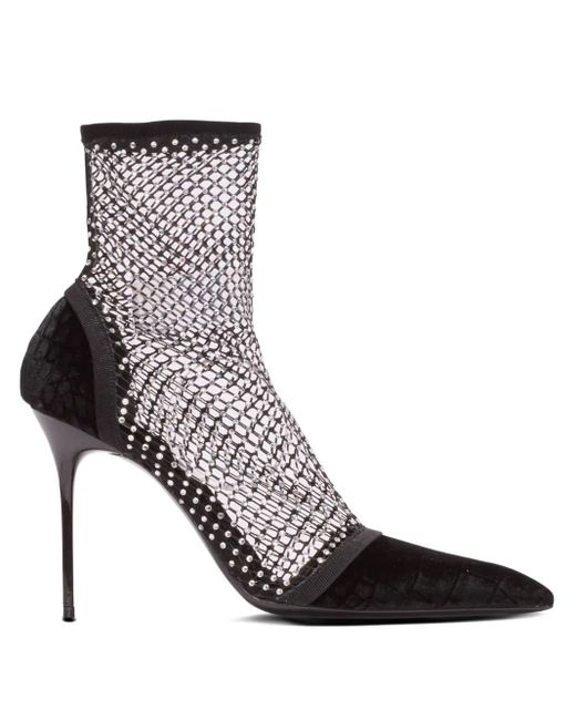 Balmain Black Rhinestone-Embellished Mesh Ankle Boots