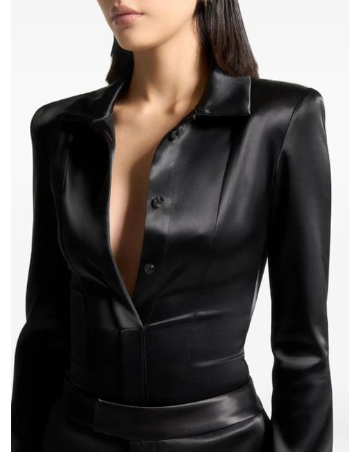 Manière De Voir Black Louise Wide-Shoulder Satin Shirt Bodysuit