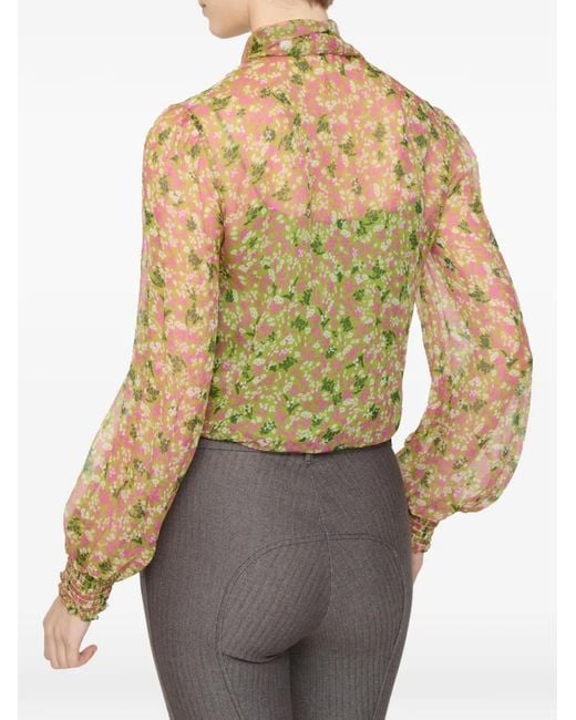 Burberry Green Scarf-Tie Floral Silk Blouse