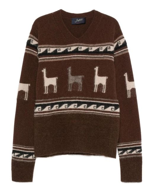 Seafarer Brown Llama-Pattern V-Neck Sweater