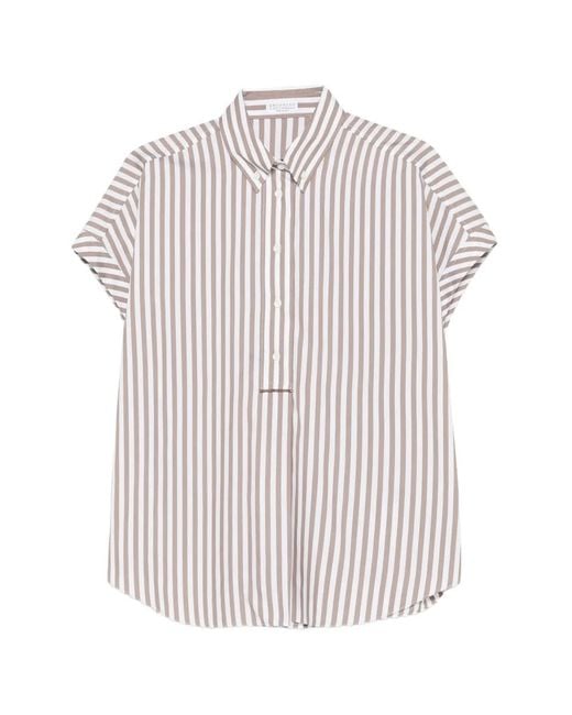 Brunello Cucinelli White Striped Buttoned Blouse