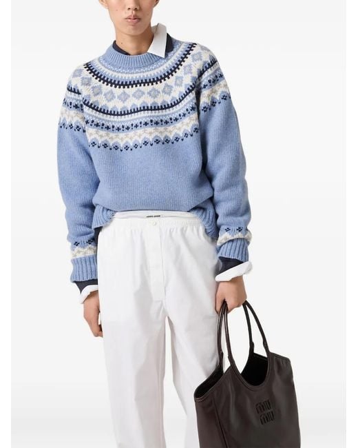 Miu Miu Blue Fair-Isle Patterned Wool Sweater