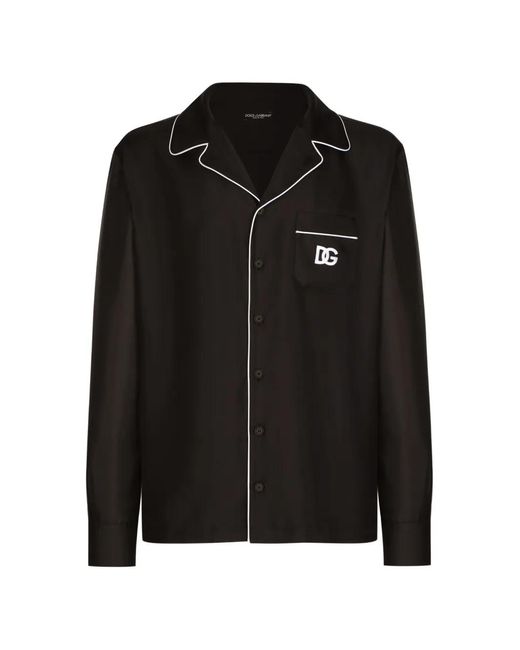 Dolce & Gabbana Black Silk Shirt With Dg Logo-Embroidered Patch for men