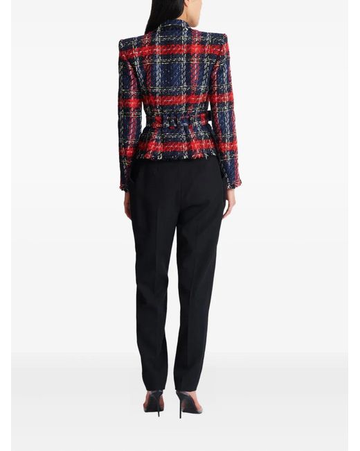 Balmain Red Belted Plaid Tweed Jacket