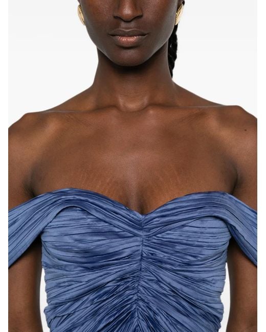 Cult Gaia Blue Natalie Off-Shoulder Pleated Midi Dress