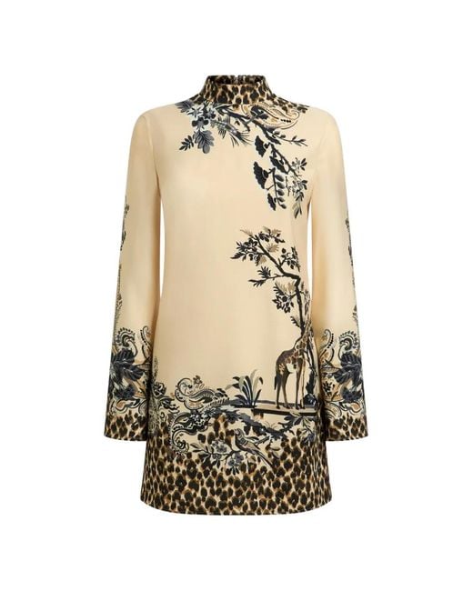Etro White Envers Satin Mini Dress With Front Print And Leopard Motif