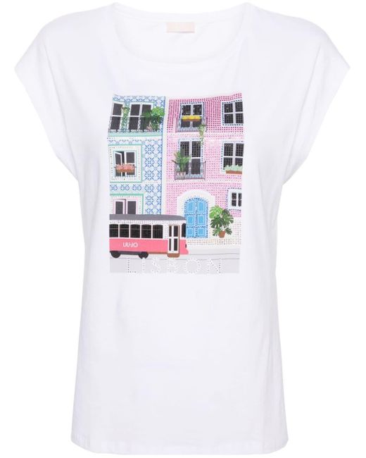 Liu Jo White Lisbon-print Rhinestone-embellished T-shirt